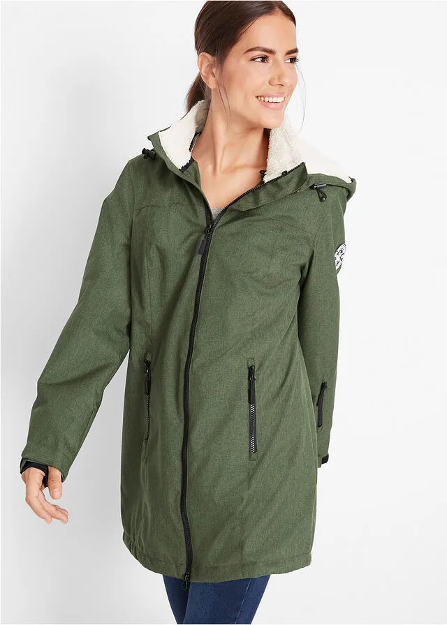 Chaqueta larga funcional impermeable para exteriores con forro polar musgo moteado