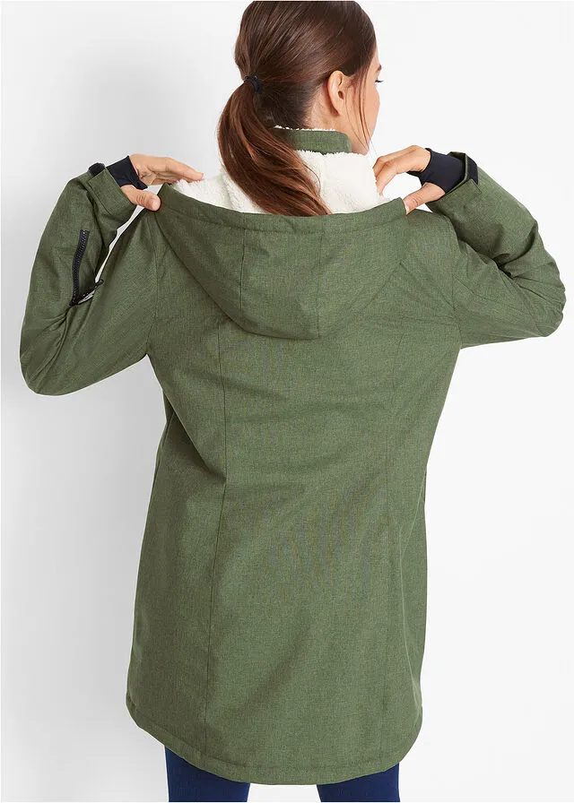 Chaqueta larga funcional impermeable para exteriores con forro polar musgo moteado