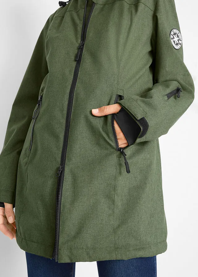 Chaqueta larga funcional impermeable para exteriores con forro polar musgo moteado
