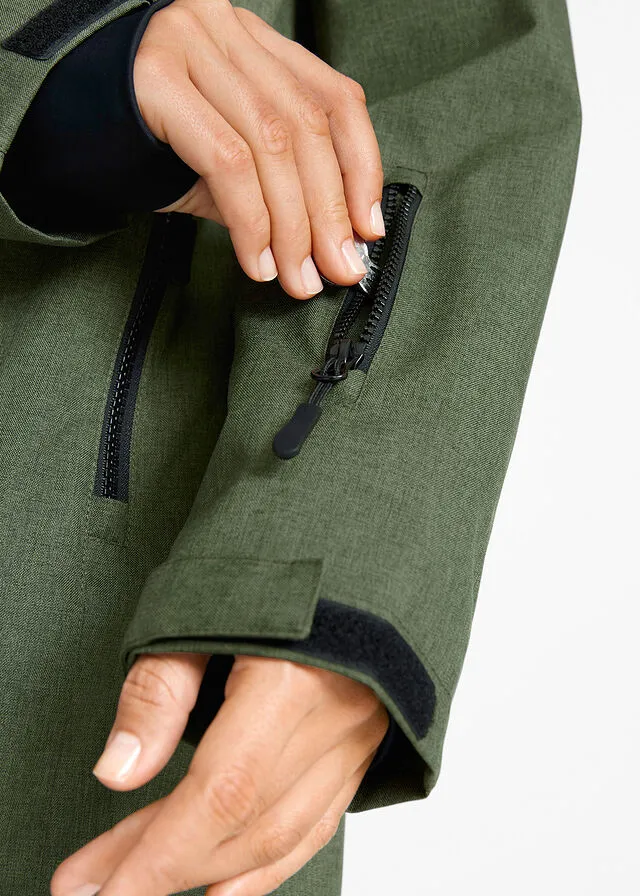 Chaqueta larga funcional impermeable para exteriores con forro polar musgo moteado